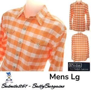 Ralph Lauren Polo Mens Lg Orange SNAP Western L/S Shirt Plaid Flap Pocket